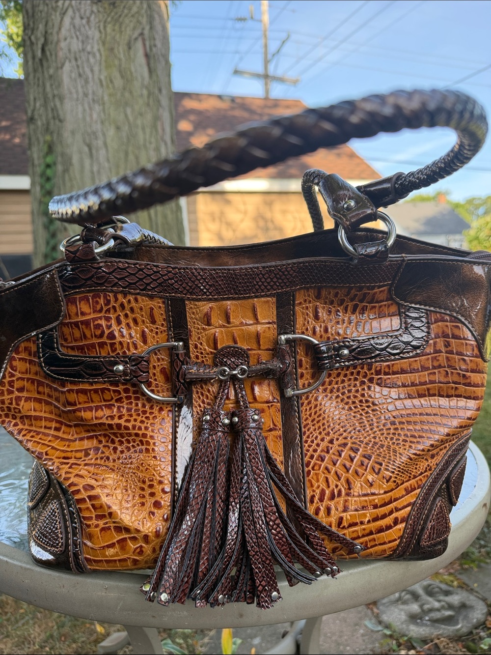 Brown Crocodile Embossed Shoulder Bag with Tassels